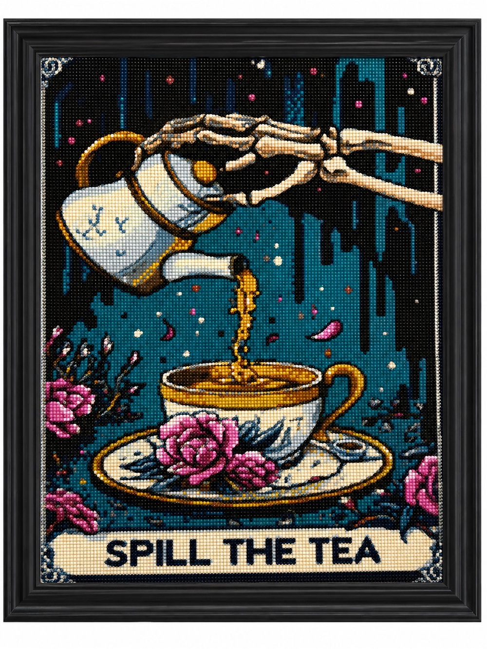 Spill The Tea Framed Diamond Art Print - Teacup & Skeleton Pour